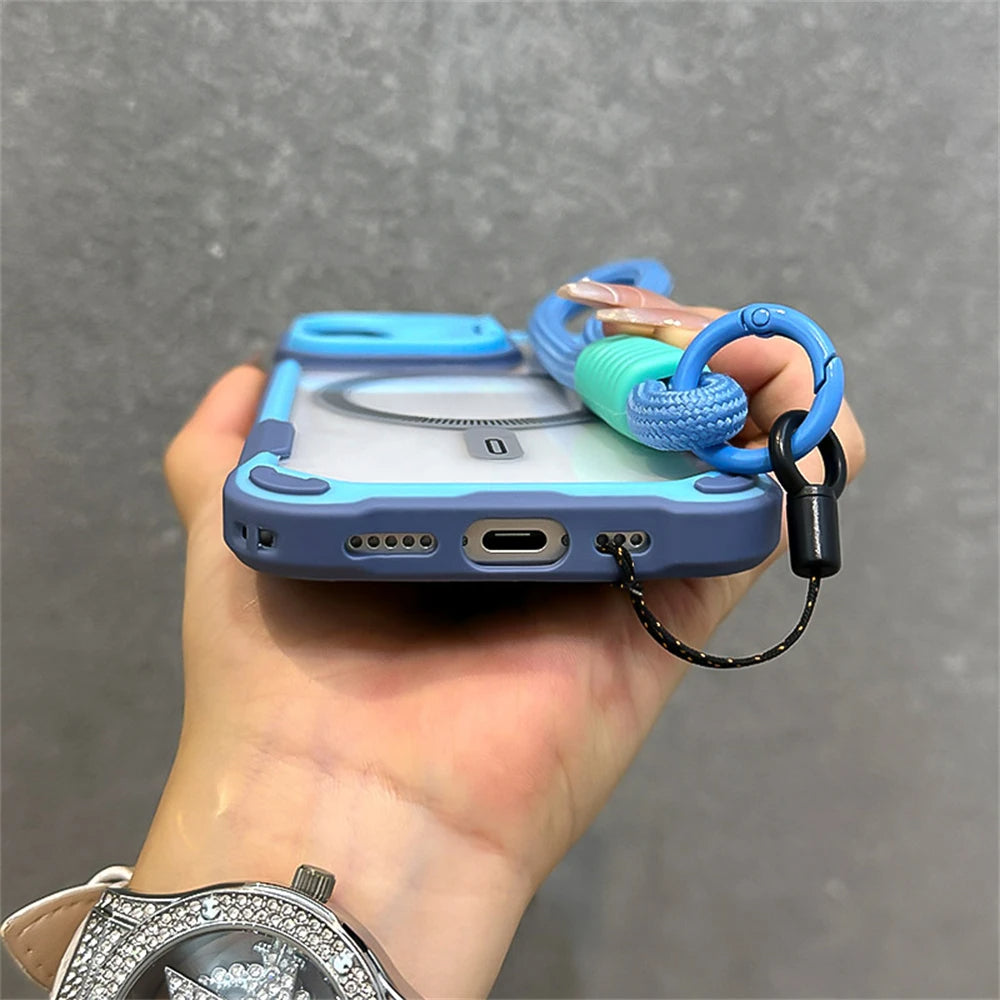 Magnetic For Magsafe Clear Armor With Wrist Strap Case For iPhone