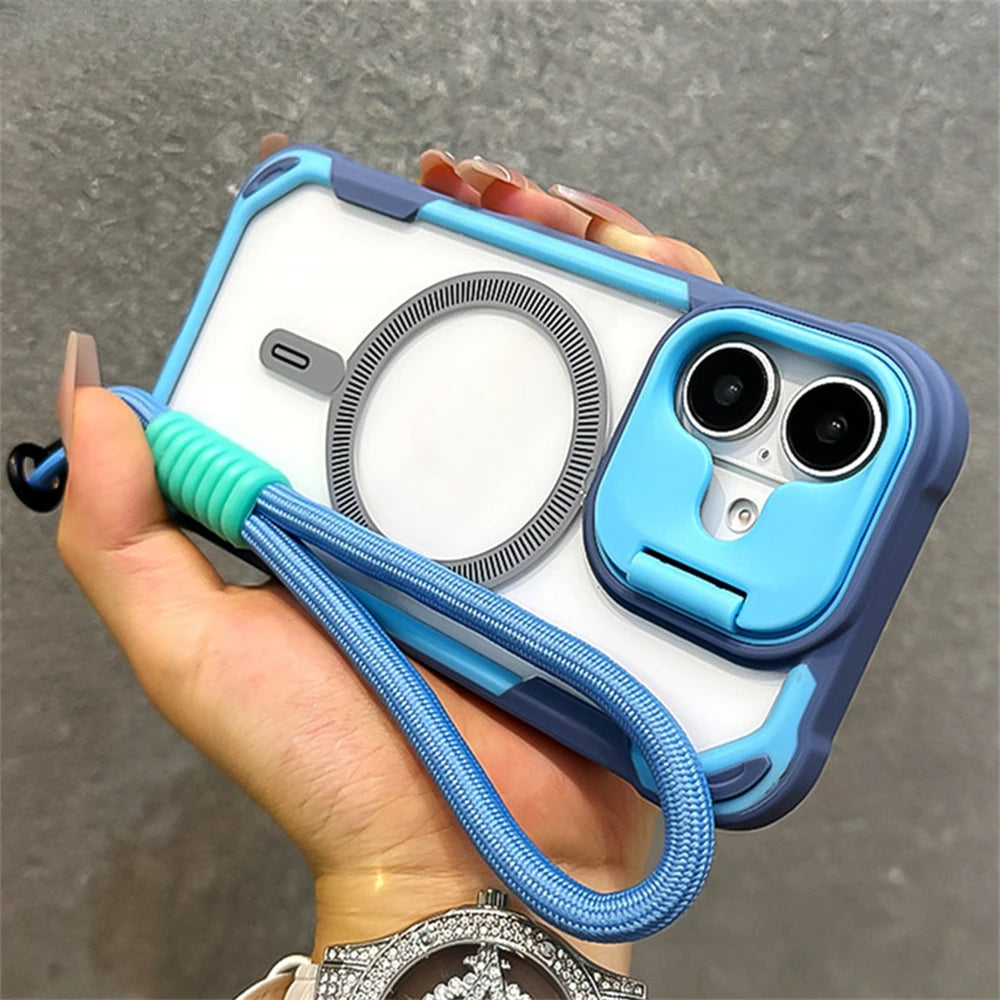 Magnetic For Magsafe Clear Armor With Wrist Strap Case For iPhone