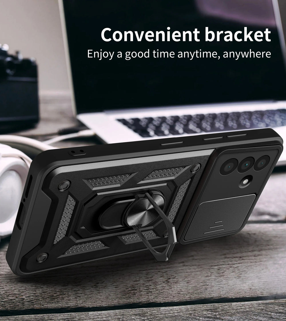 Armor Slide Camera Cover Ring Stand Shockproof Phone Case for Samsung