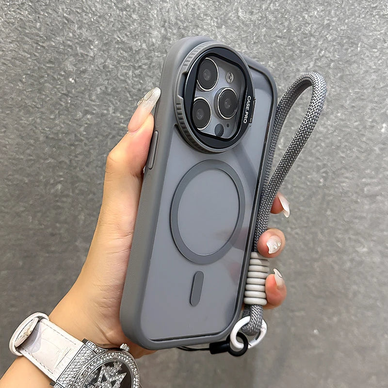 Fold Glass Lens Stand Wrist StrapMagnetic Transparent Case For iPhone