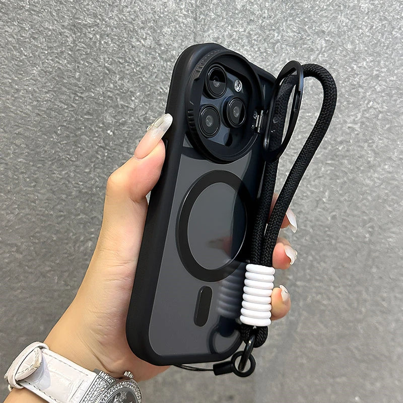 Fold Glass Lens Stand Wrist StrapMagnetic Transparent Case For iPhone