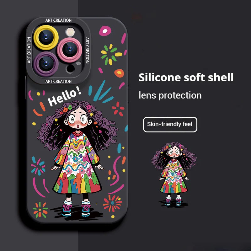 Creative Graffiti Cute Girl Liquid Silicone Phone Case for iPhone