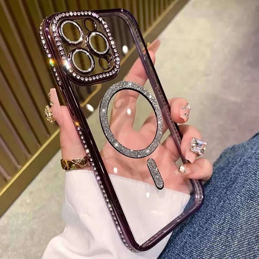 New Fashion Glitter Diamond Transparent Magnetic Case For iPhone