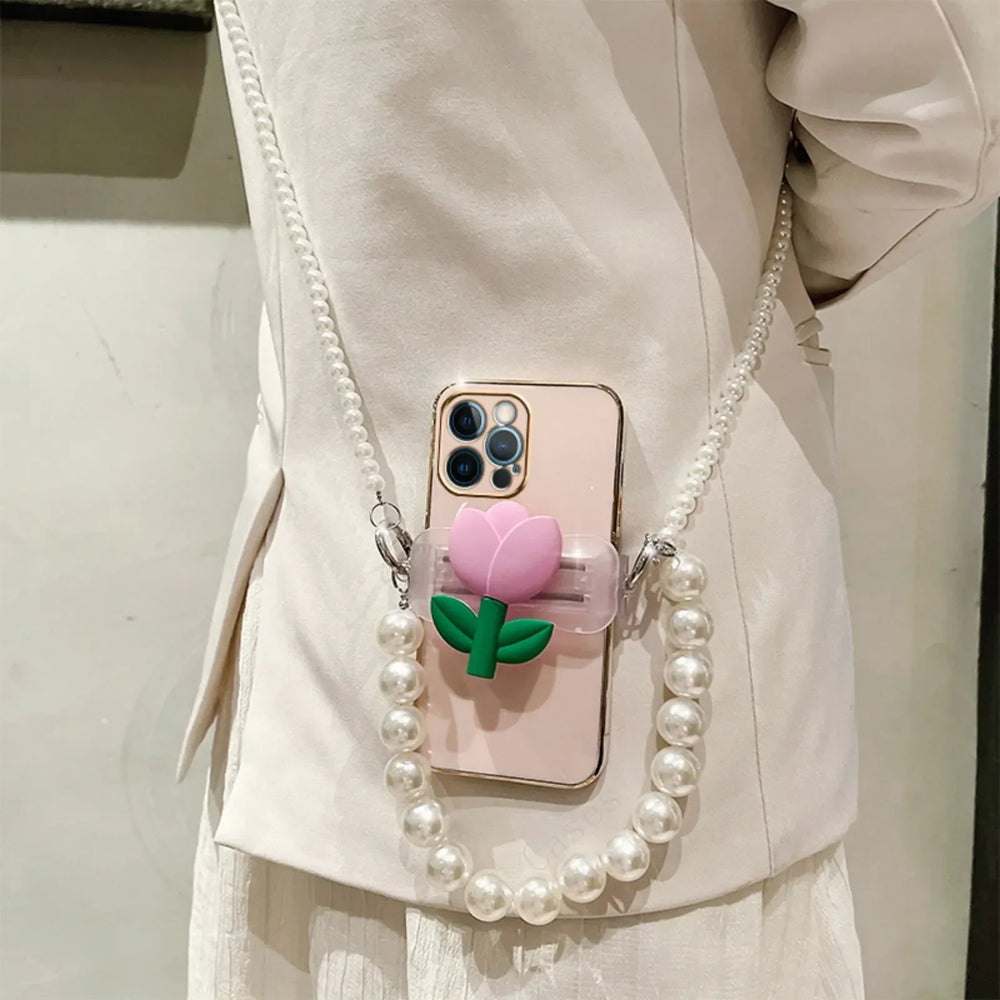 3D Tulip Clip Pearl Strap Plating Case For iPhone