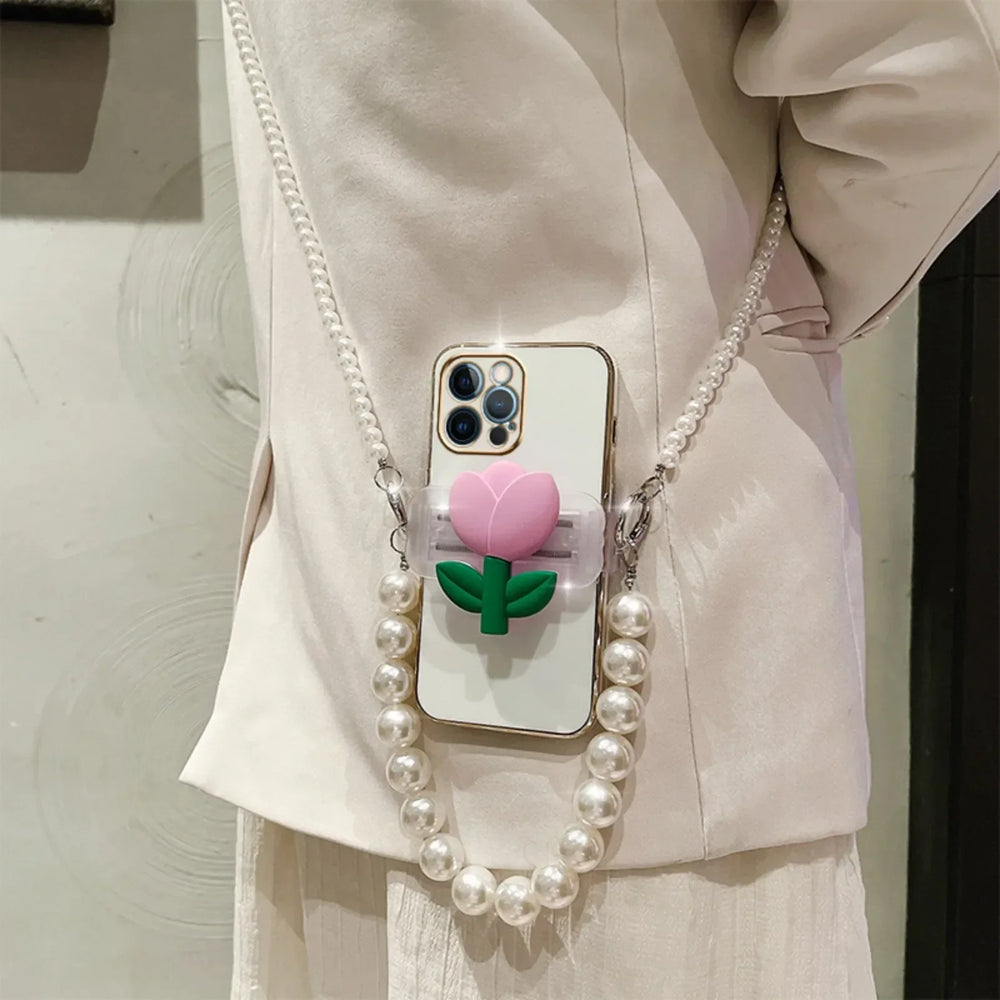 3D Tulip Clip Pearl Strap Plating Case For iPhone