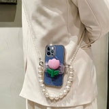 3D Tulip Clip Pearl Strap Plating Case For iPhone