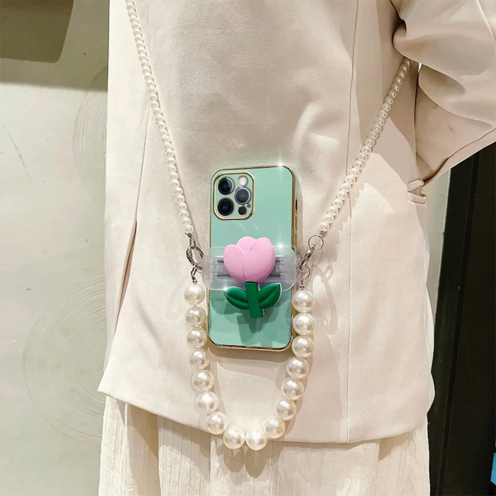 3D Tulip Clip Pearl Strap Plating Case For iPhone