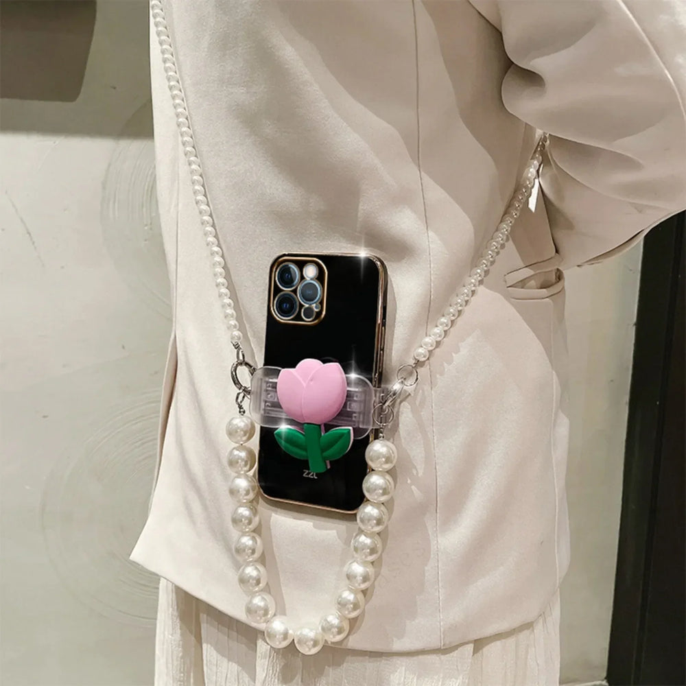 3D Tulip Clip Pearl Strap Plating Case For iPhone