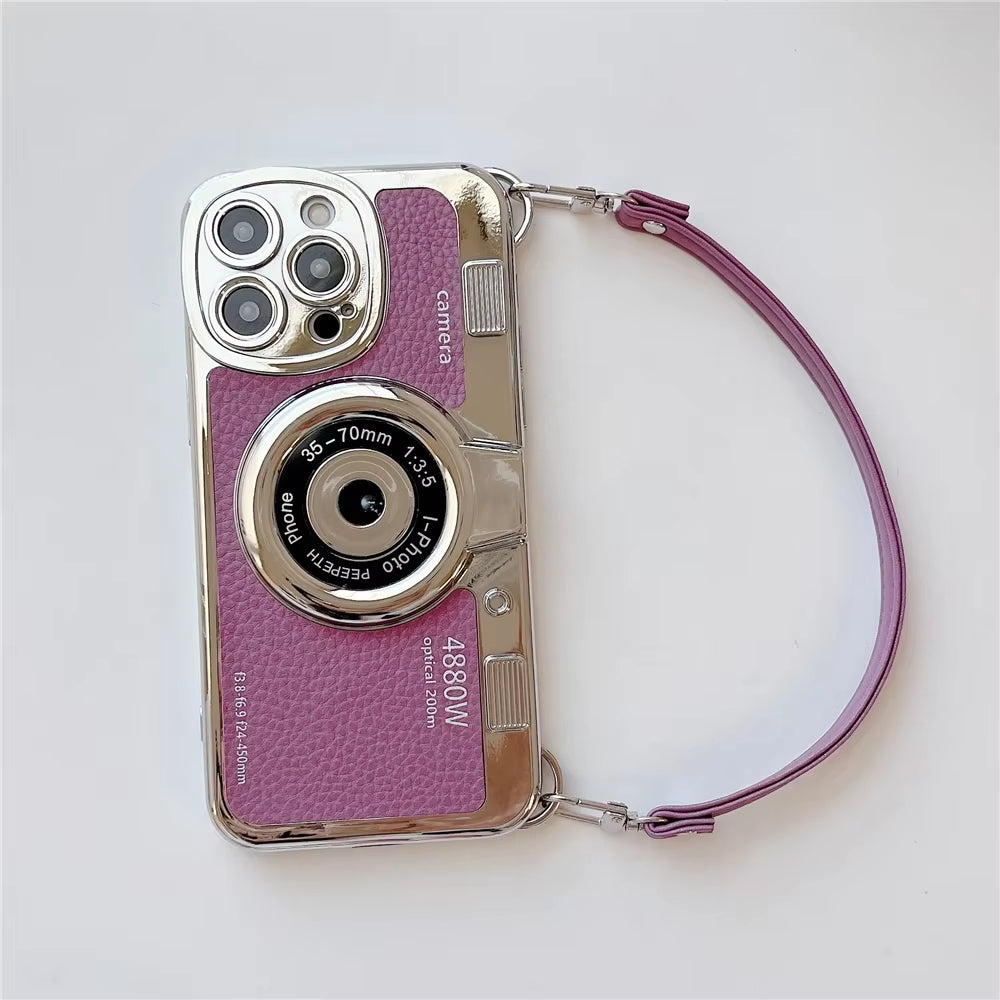 Luxury Retro Stereo Camera Hand with Lanyard Case For iPhone