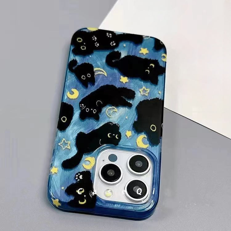 Cute Black Cats Double Layers Wrist Chain Phone Case for iPhone