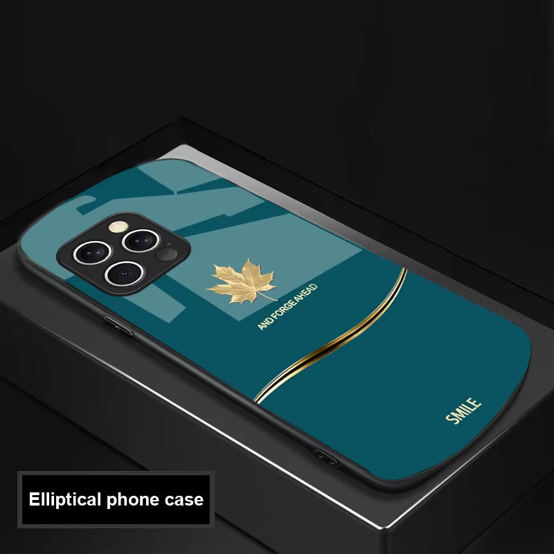 Deluxe oval maple leaf tempered glass phone case for iPhone