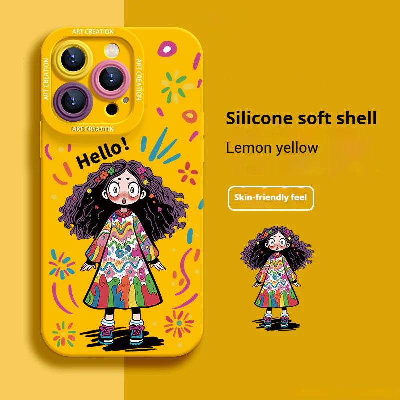Creative Graffiti Cute Girl Liquid Silicone Phone Case for iPhone