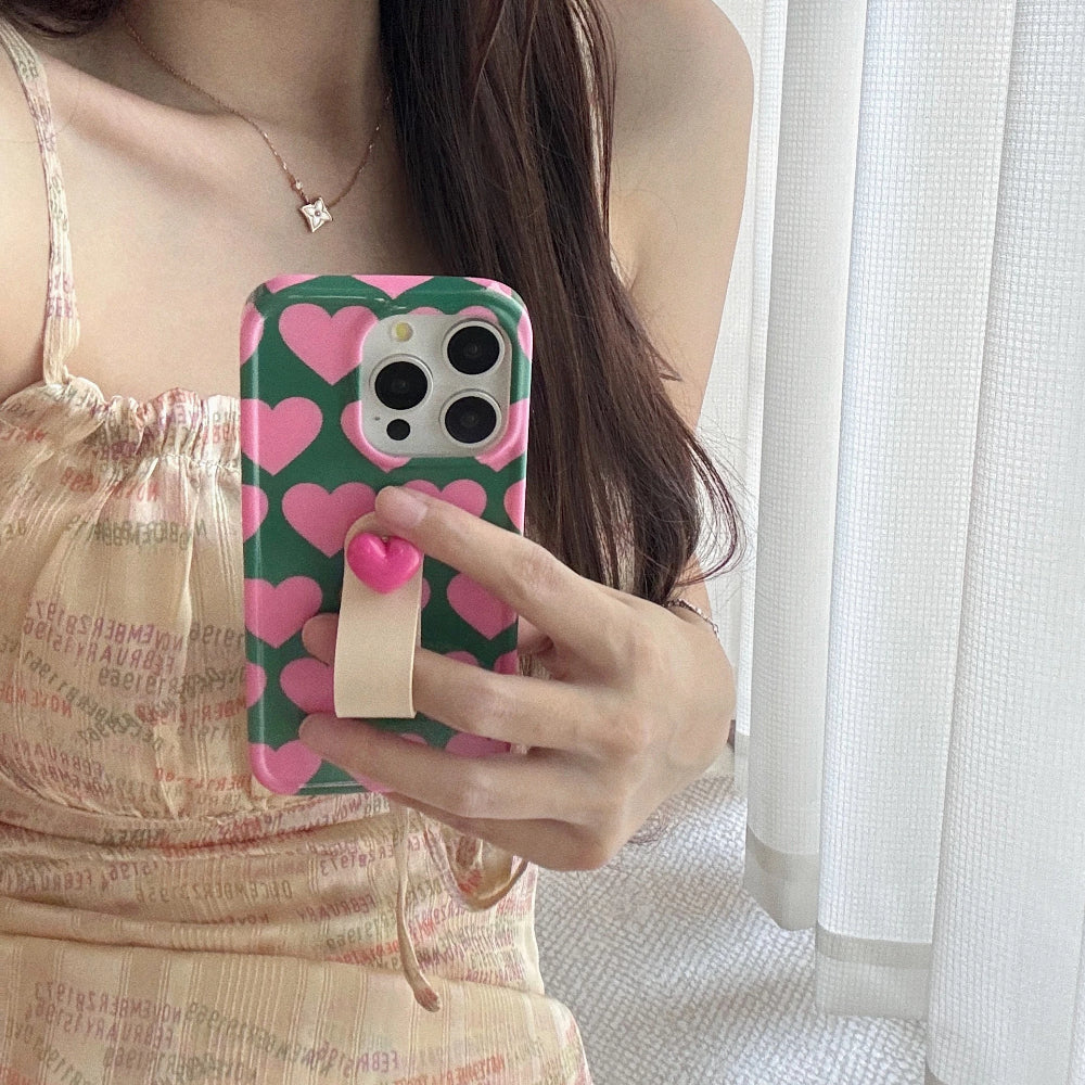 INS Chic Pink Hearts 3D Ring Strap Fashionable Phone Case for iPhone