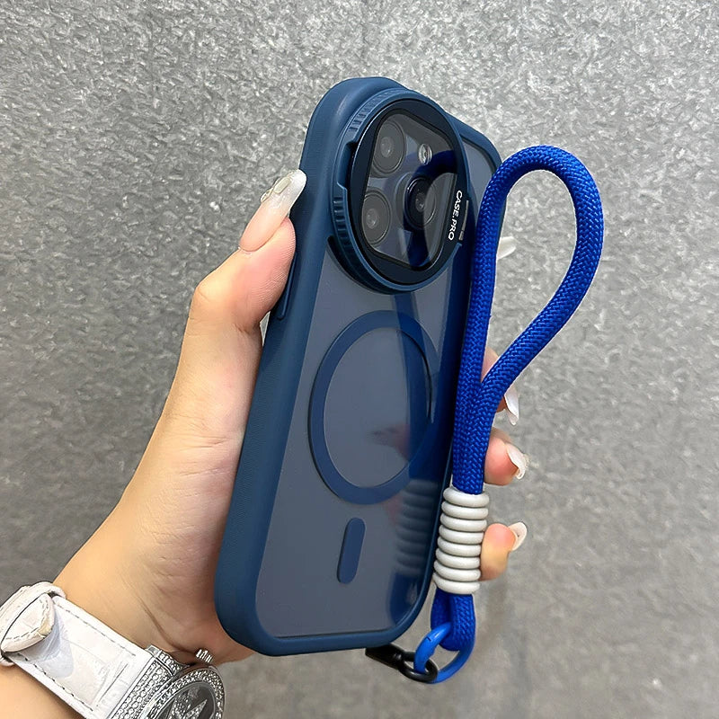 Fold Glass Lens Stand Wrist StrapMagnetic Transparent Case For iPhone