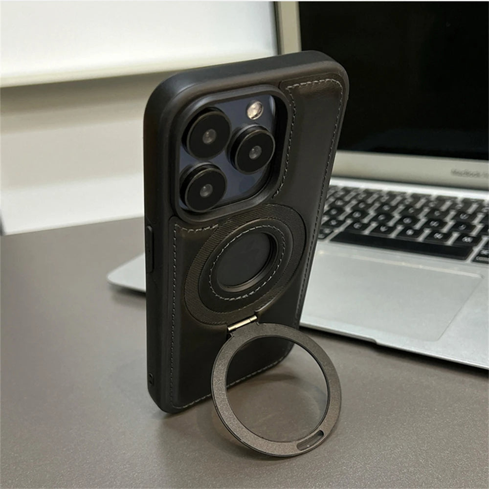 Luxury Magnetic Stand Ring PU Leather Phone Case For iPhone