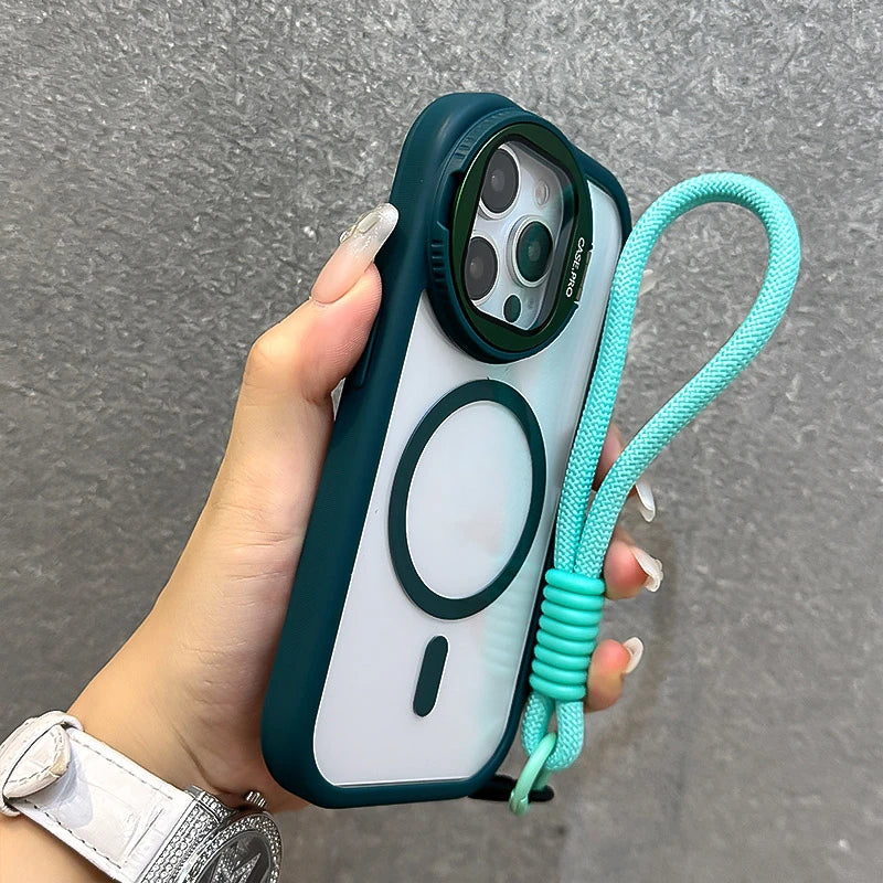 Fold Glass Lens Stand Wrist StrapMagnetic Transparent Case For iPhone