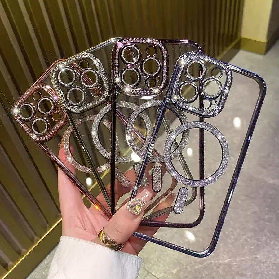 New Fashion Glitter Diamond Transparent Magnetic Case For iPhone