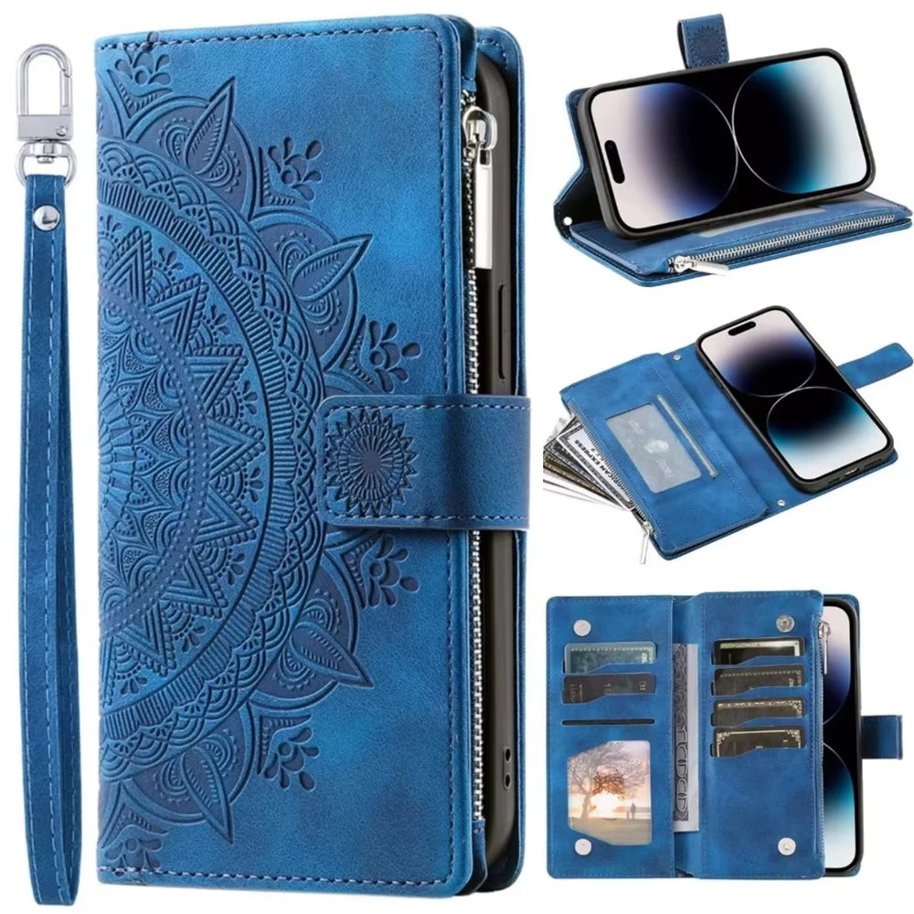 Embossed PU Leather Zipper Wallet Case for iPhone