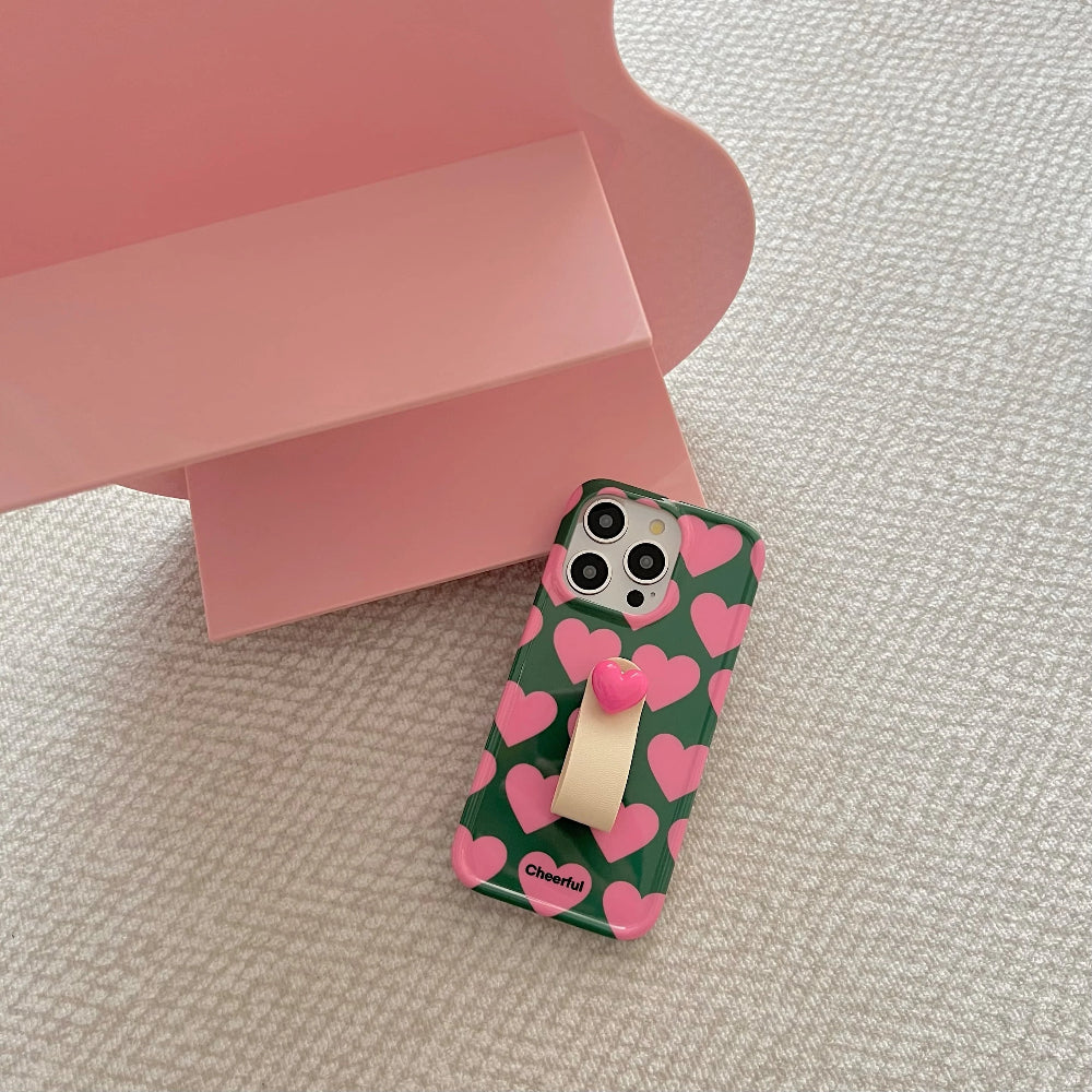 INS Chic Pink Hearts 3D Ring Strap Fashionable Phone Case for iPhone