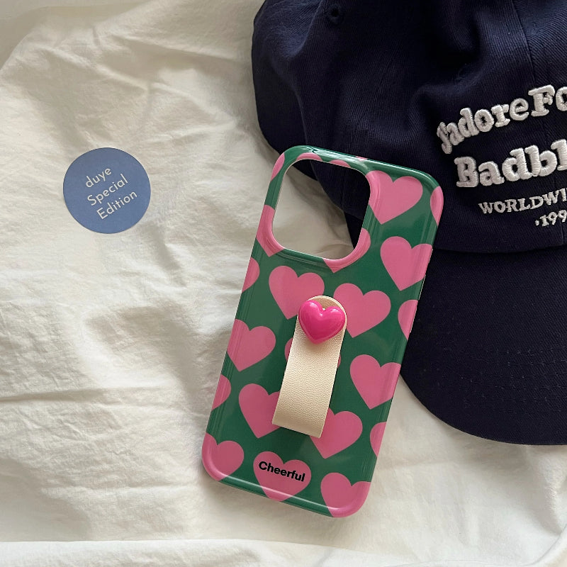 INS Chic Pink Hearts 3D Ring Strap Fashionable Phone Case for iPhone