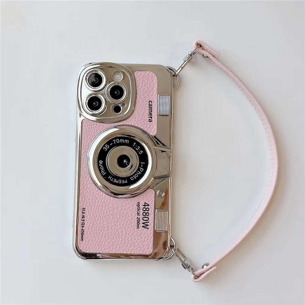 Luxury Retro Stereo Camera Hand with Lanyard Case For iPhone