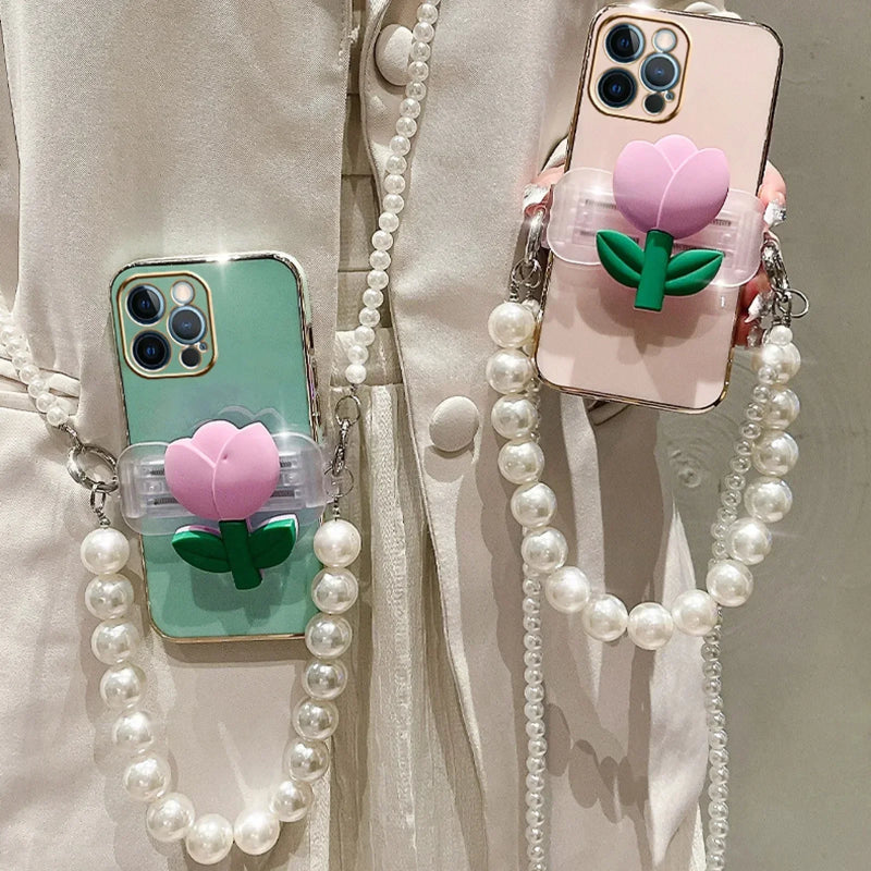 3D Tulip Clip Pearl Strap Plating Case For iPhone