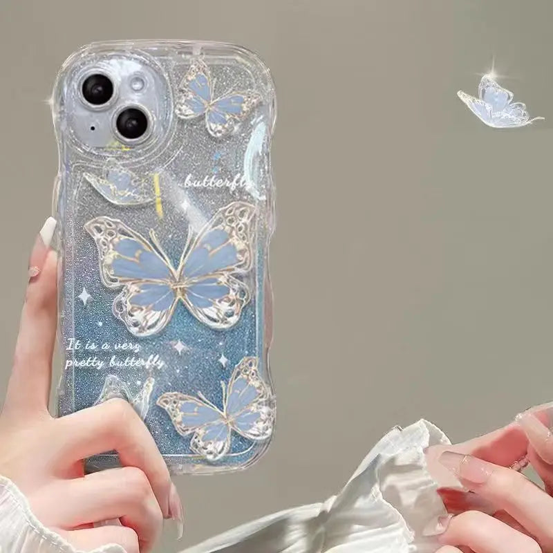 Butterfly Glitter Clear Lanyard Case For iPhone