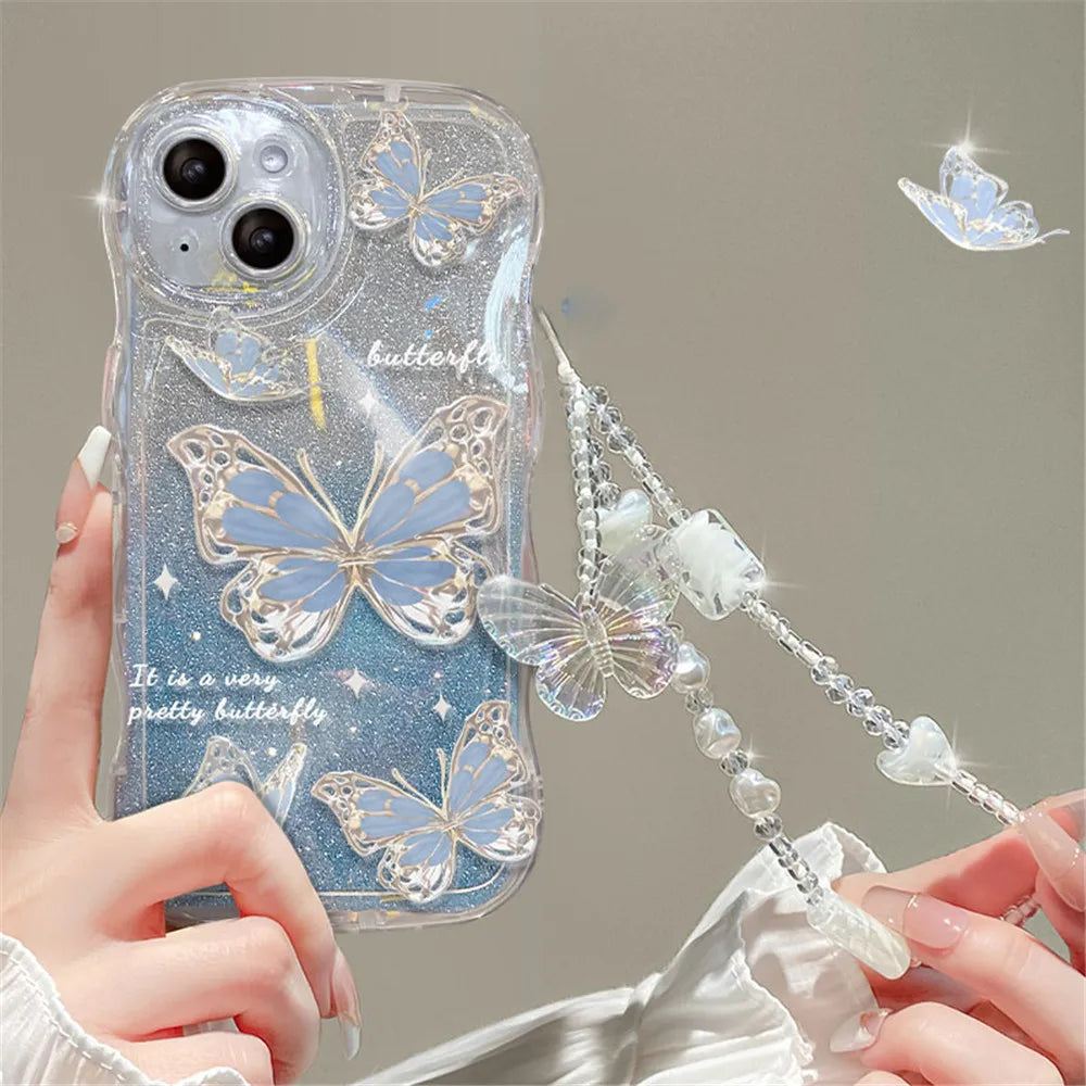 Butterfly Glitter Clear Lanyard Case For iPhone