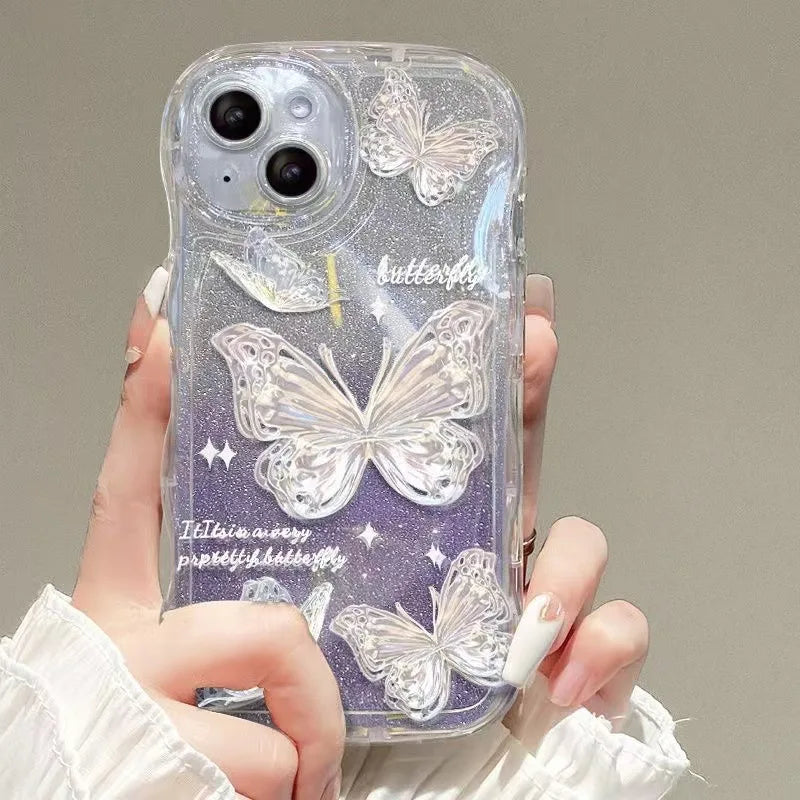 Butterfly Glitter Clear Lanyard Case For iPhone