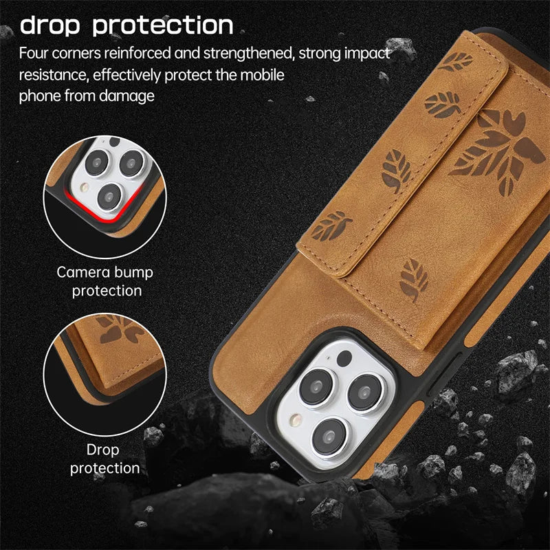 Luxury Maple Leaf Leather Wallet Card Case For iPhone