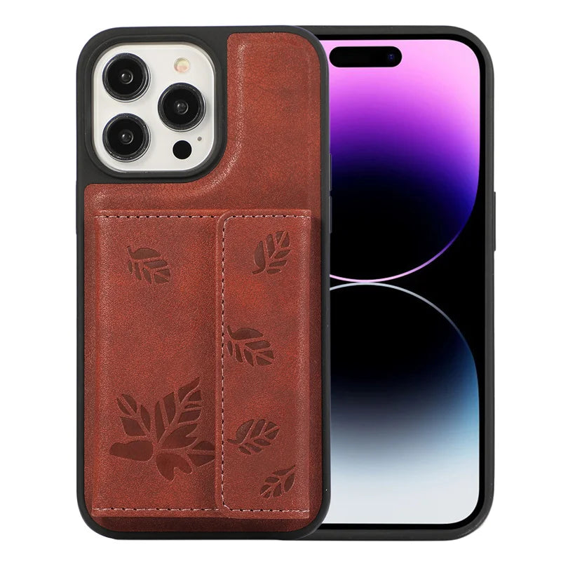 Luxury Maple Leaf Leather Wallet Card Case For iPhone