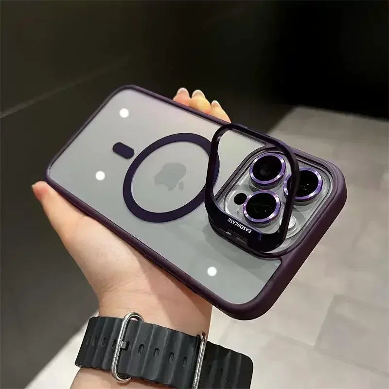 Glass Transparent Stand Metal Ring Case For iPhone