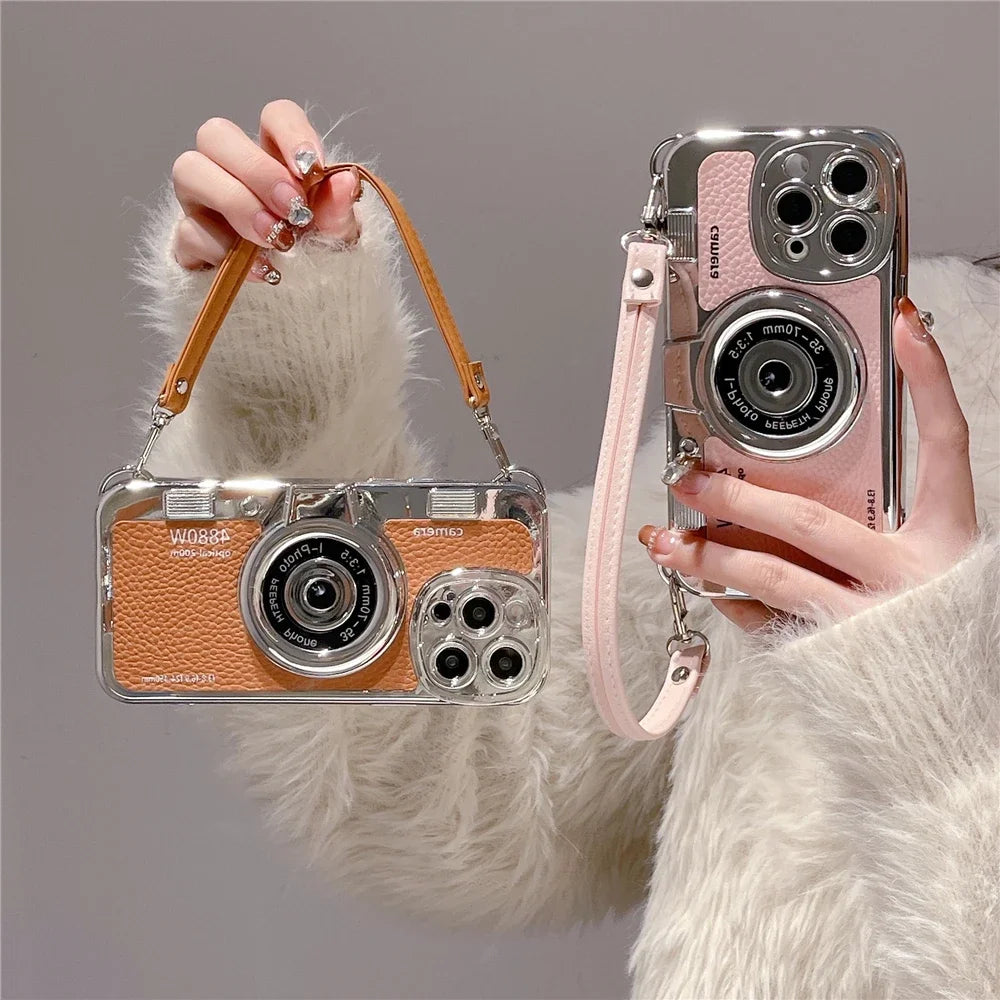 Luxury Retro Stereo Camera Hand with Lanyard Case For iPhone