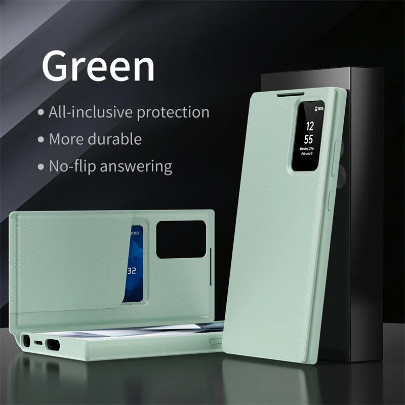 Leather Flip Smart Display Transparent Window Case For Samsung