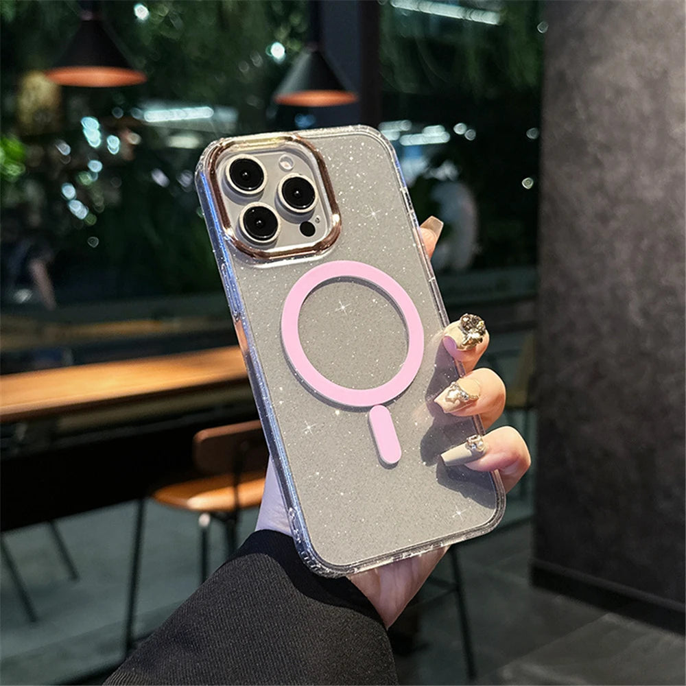 Luxury Magnetic Glitter Transparent Frame Phone Case For iPhone