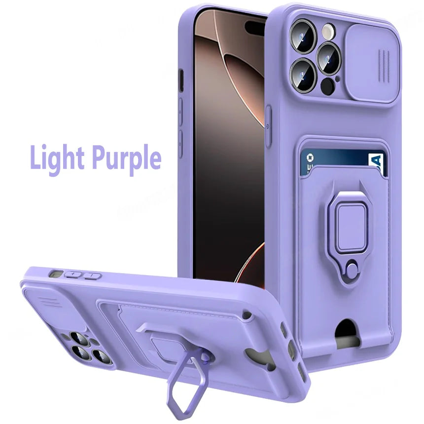 Magnetic Ring Card Holder Slide Camera Protector Case For iPhone