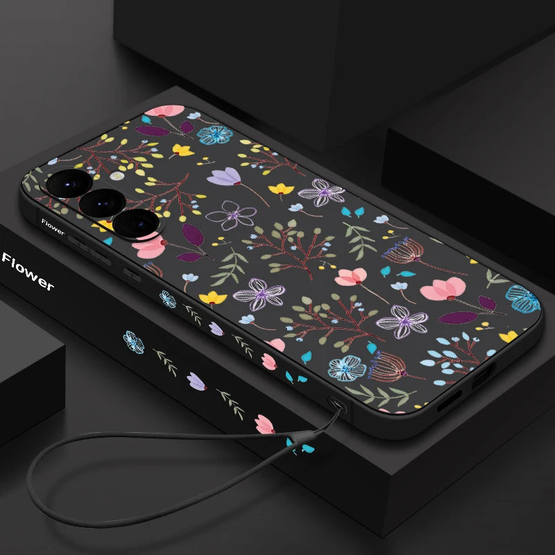 Luxury Flower Print Lanyard Silicone Case For Samsung Galaxy