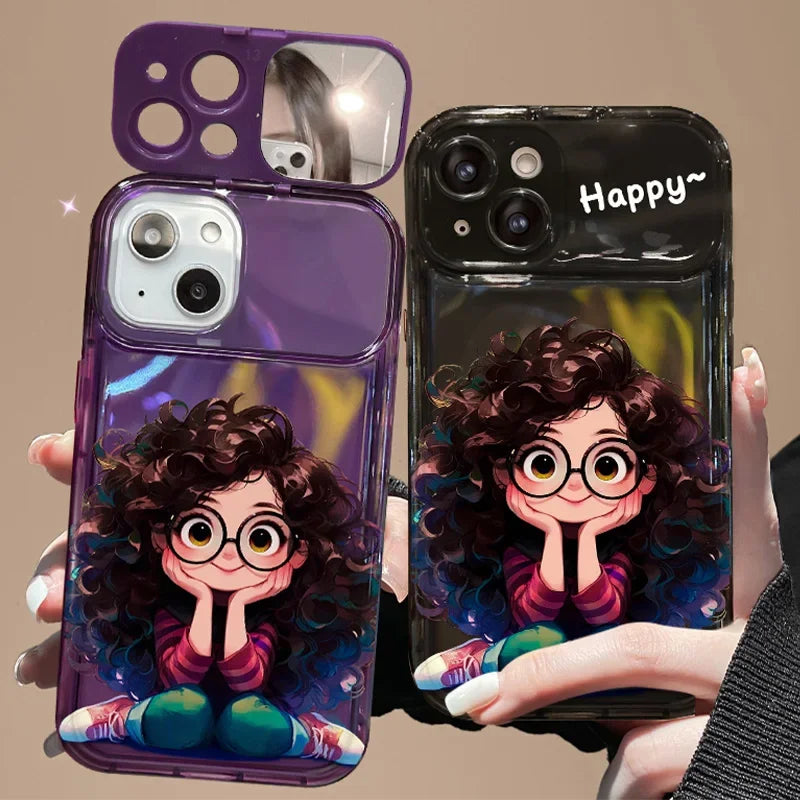 3D Fashion Girl Pattern Soft Silicone Mirror Lanyard Case for iPhone
