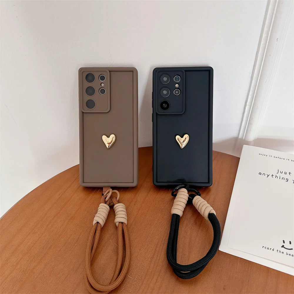 3D Gold Heart Love Wrist Strap Case For Samsung