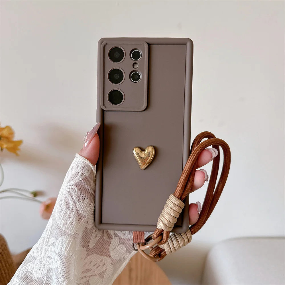 3D Gold Heart Love Wrist Strap Case For Samsung