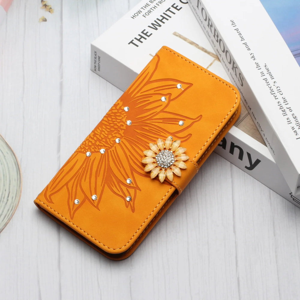 Glitter Sunflower Leather Wallet Flip Case for Samsung