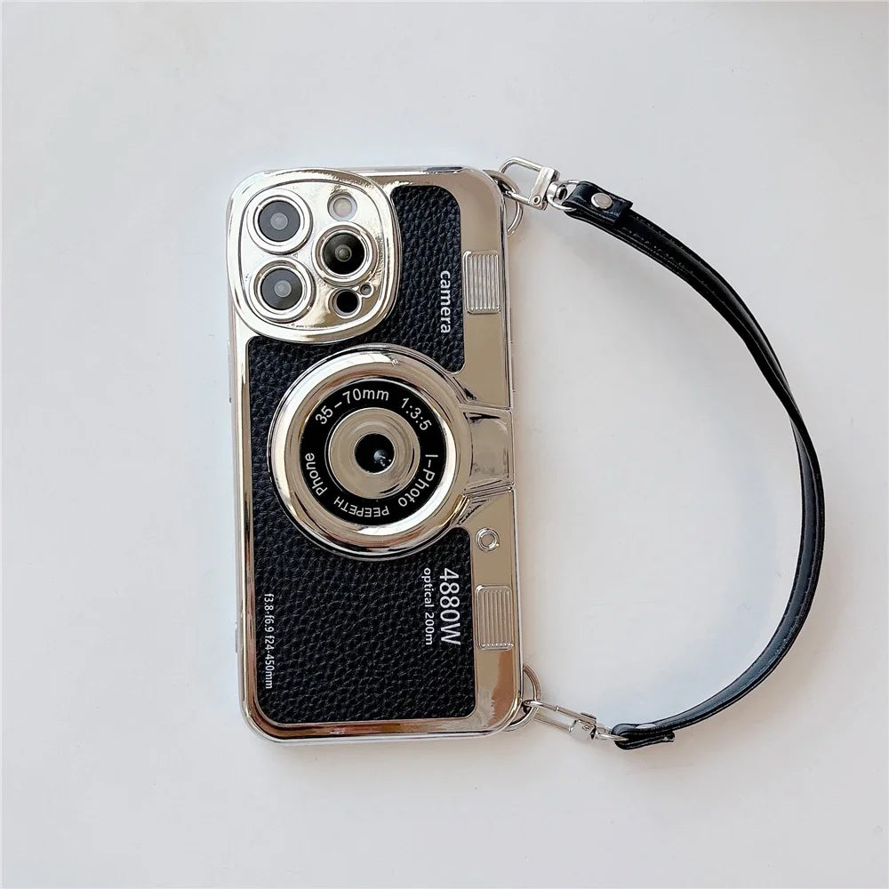 Luxury Retro Stereo Camera Hand with Lanyard Case For iPhone