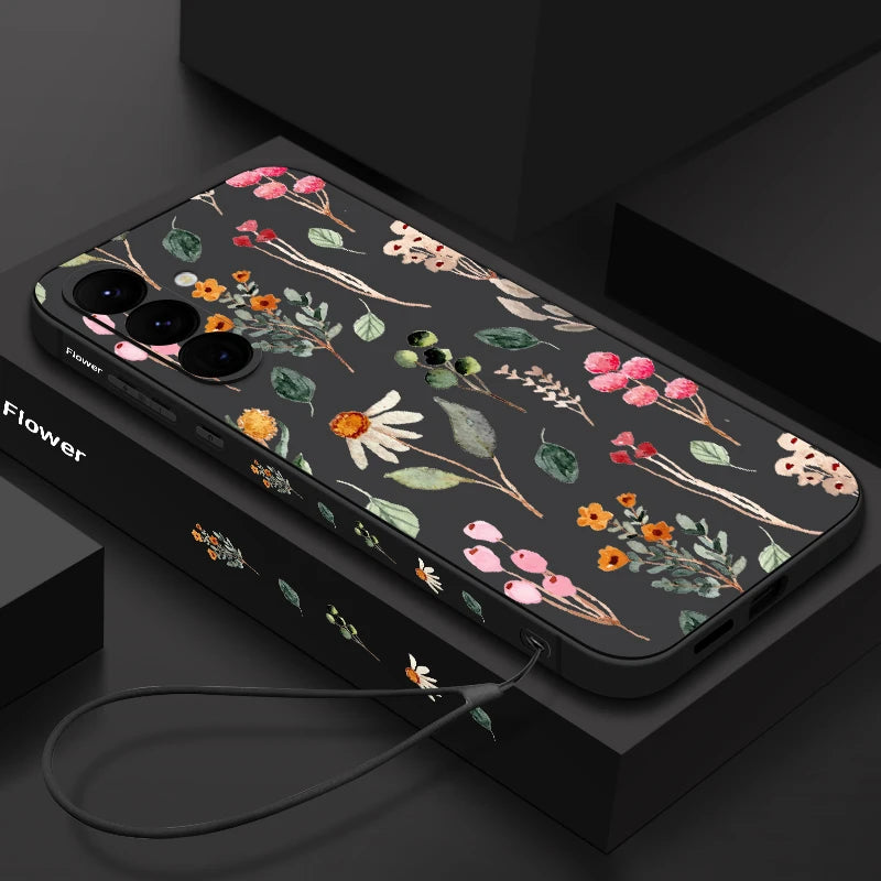 Luxury Flower Print Lanyard Silicone Case For Samsung Galaxy