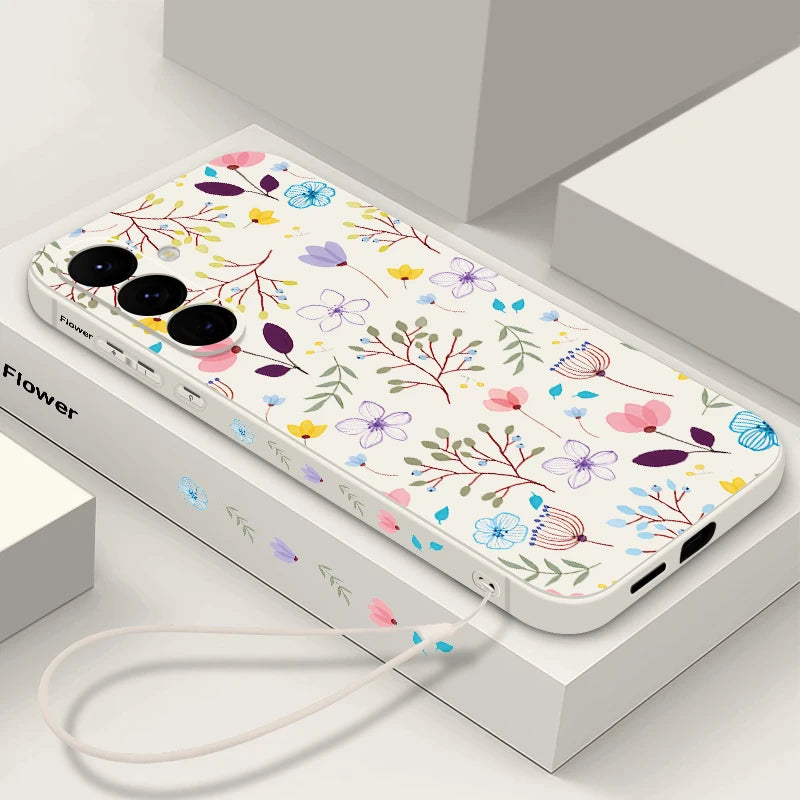 Luxury Flower Print Lanyard Silicone Case For Samsung Galaxy