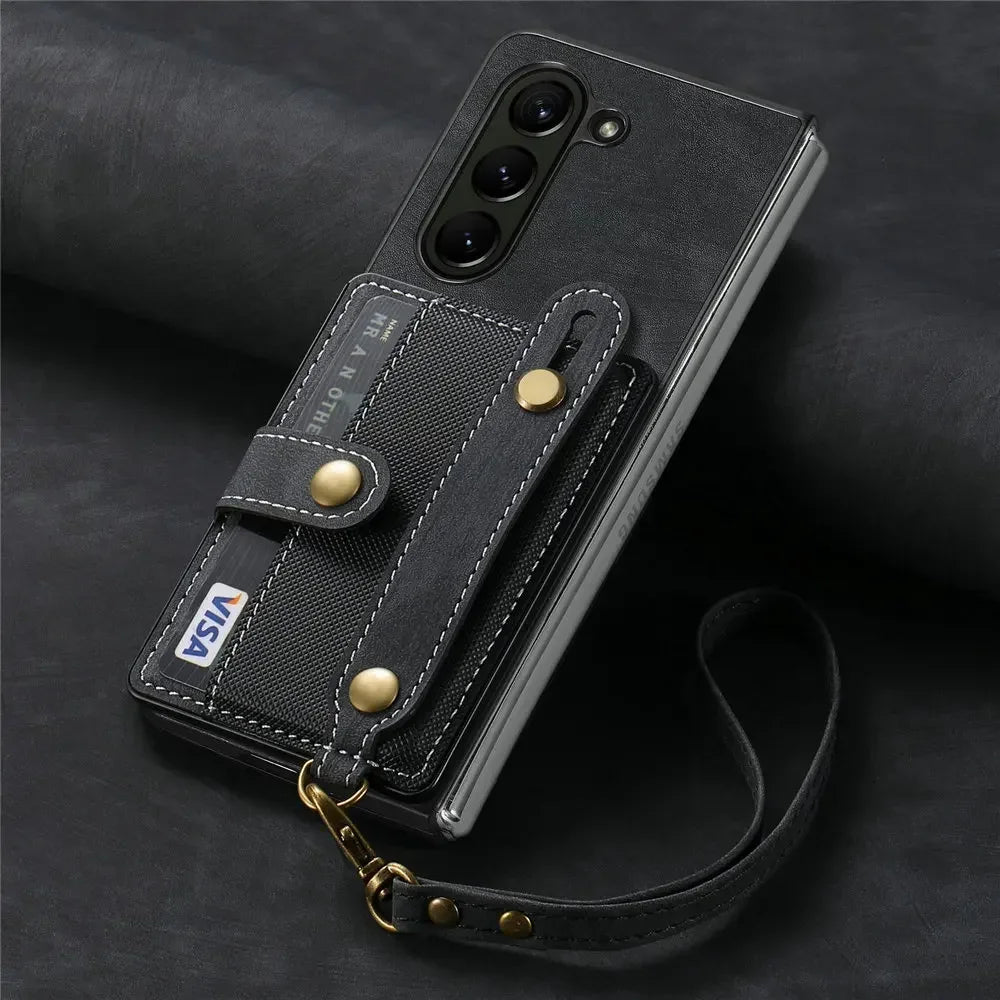 Wristband Lanyard Card Slot Leather Wallet Case for Samsung Z Fold