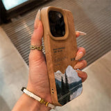 Faux Leather Mountain Motif Lake Scenery Case For iPhone
