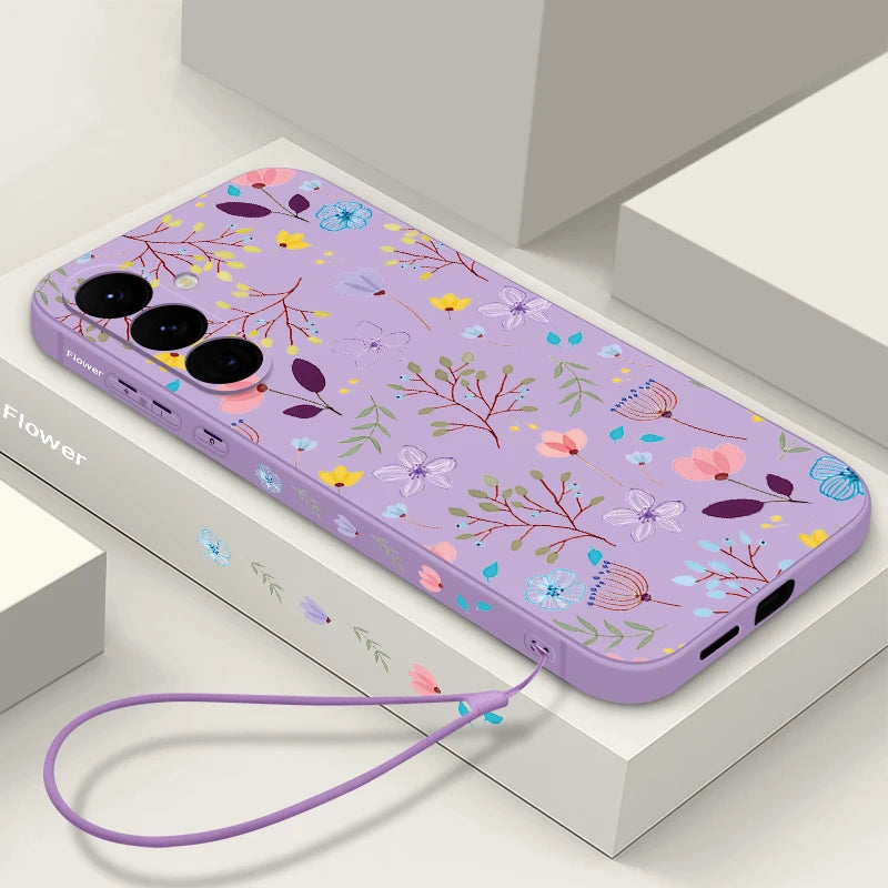 Luxury Flower Print Lanyard Silicone Case For Samsung Galaxy