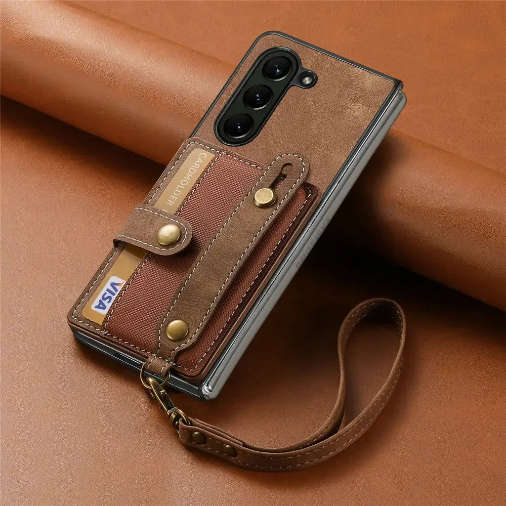 Wristband Lanyard Card Slot Leather Wallet Case for Samsung Z Fold