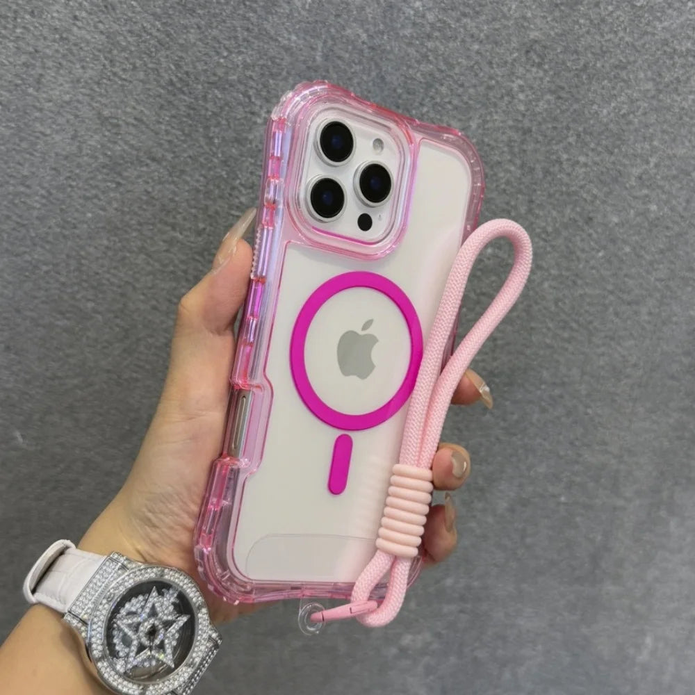 Luxury Neon Clear Magsafe Wrist Strap Lanyard Case for iPhone