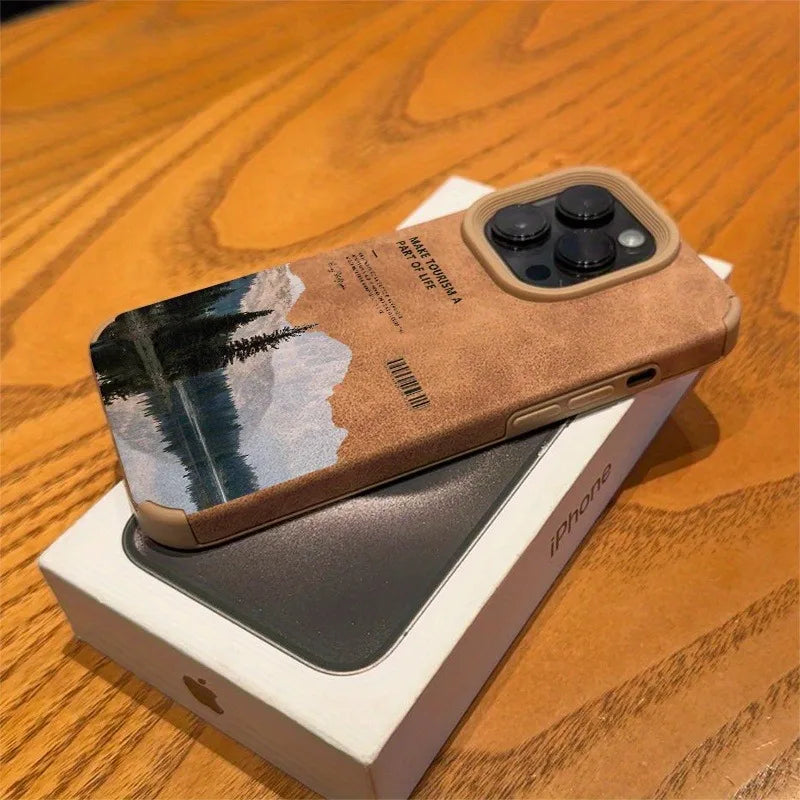 Faux Leather Mountain Motif Lake Scenery Case For iPhone